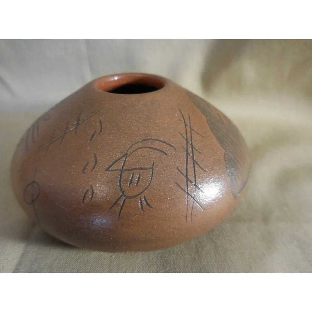 Southwest Red Clay Pottery Seed Pot Kokopelli Sgraffito Etched Art Blackhorse
